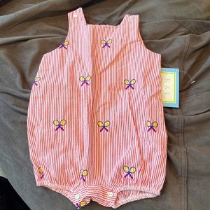 Cute red seersucker onesie with tennis rackets.  NWT 6 mo.